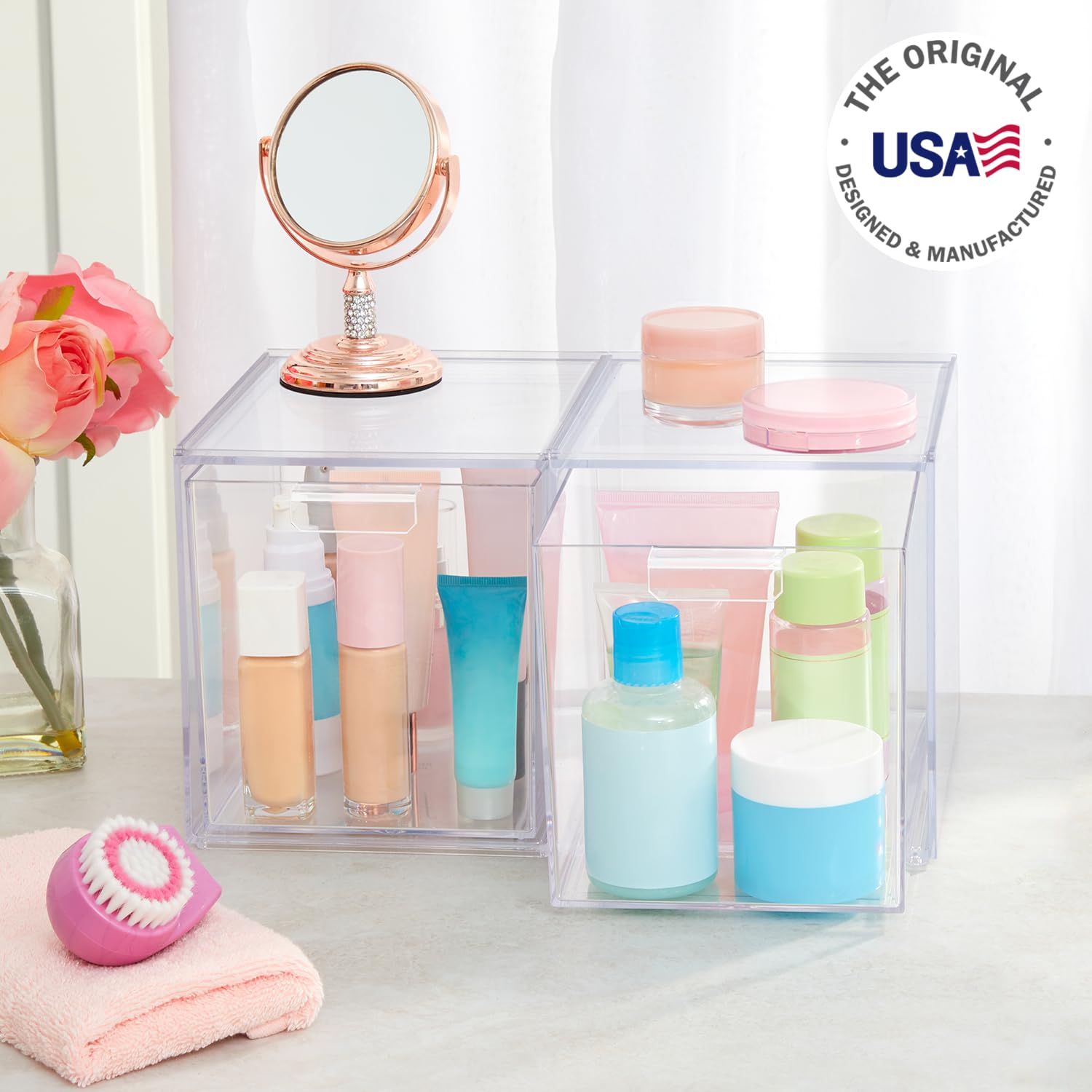 STORi Audrey vanity setup with clear drawers organizing beauty items