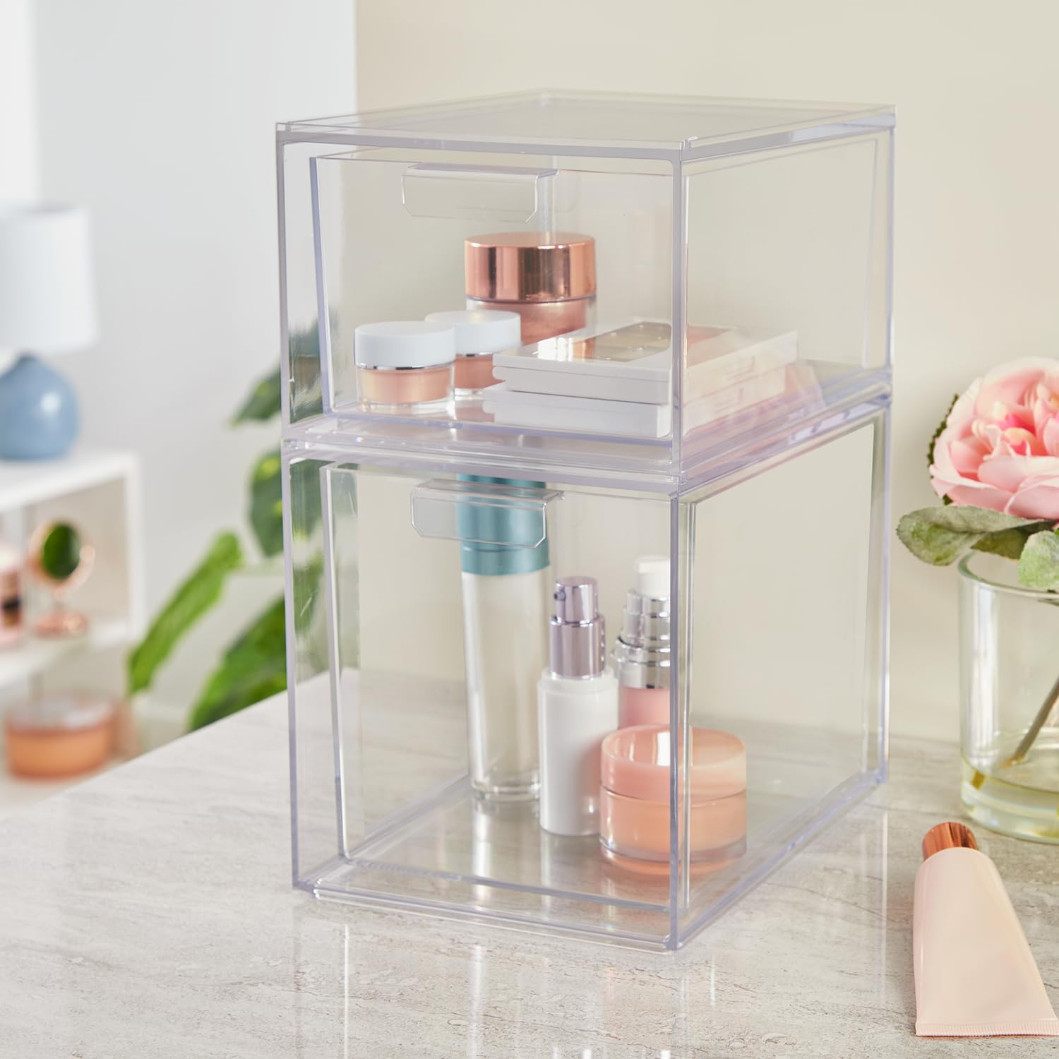STORi Audrey stackable clear bin drawer closeup illustrates durable BPA-free construction and tidy spacing.