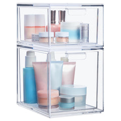 STORi Audrey stackable clear bin drawers on vanity maximize cosmetics organization and quick access.
