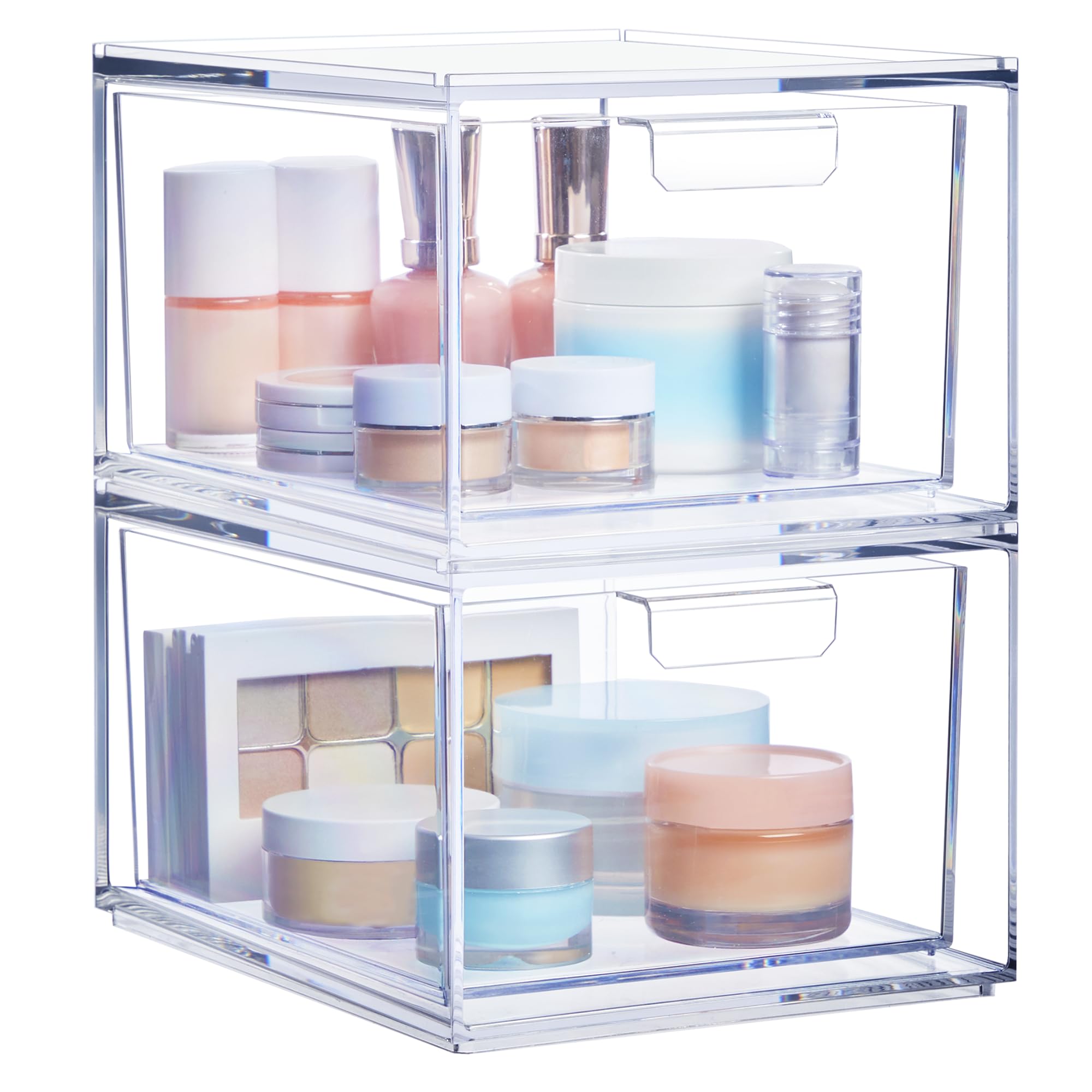 STORi Audrey stackable drawers on vanity for quick cosmetic access.