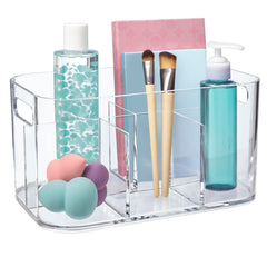 STORi Bliss 5-Compartment Cosmetics Organizer in clear simplifies vanity organization.