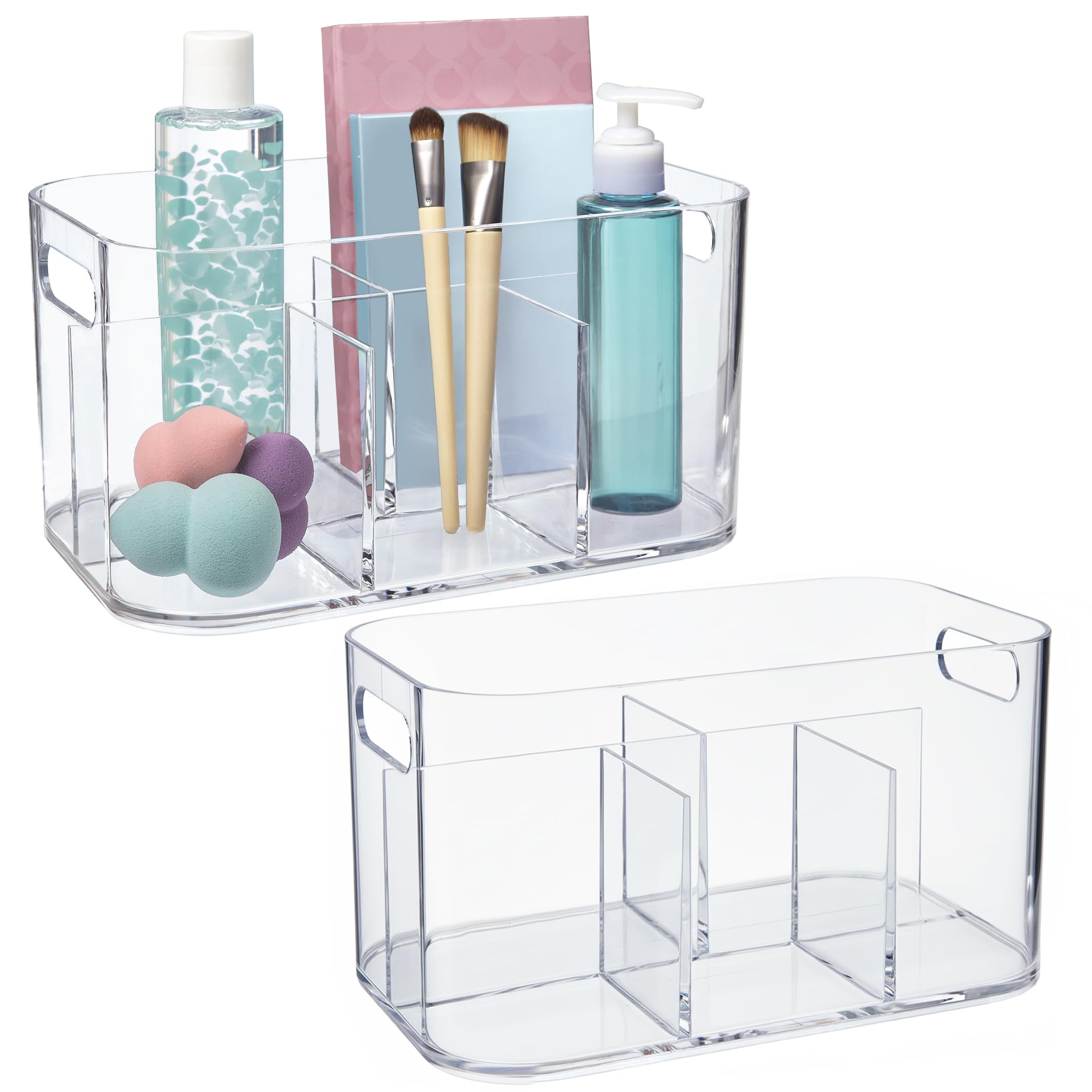 STORi Bliss 5-Compartment cosmetics storage bin offers clear visibility for quick makeup access.
