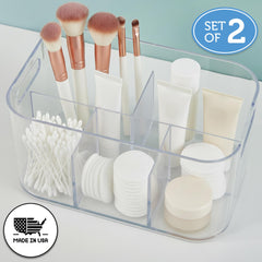 STORi Bliss rectangular divided bin keeps cosmetics organized and easy to find.