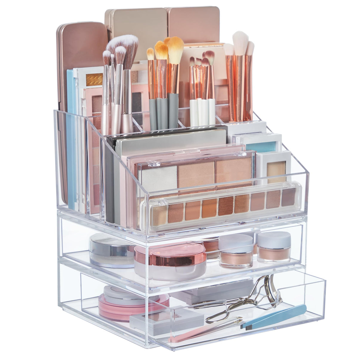 STORi Chloe stackable makeup holder front view showing organized brush storage.