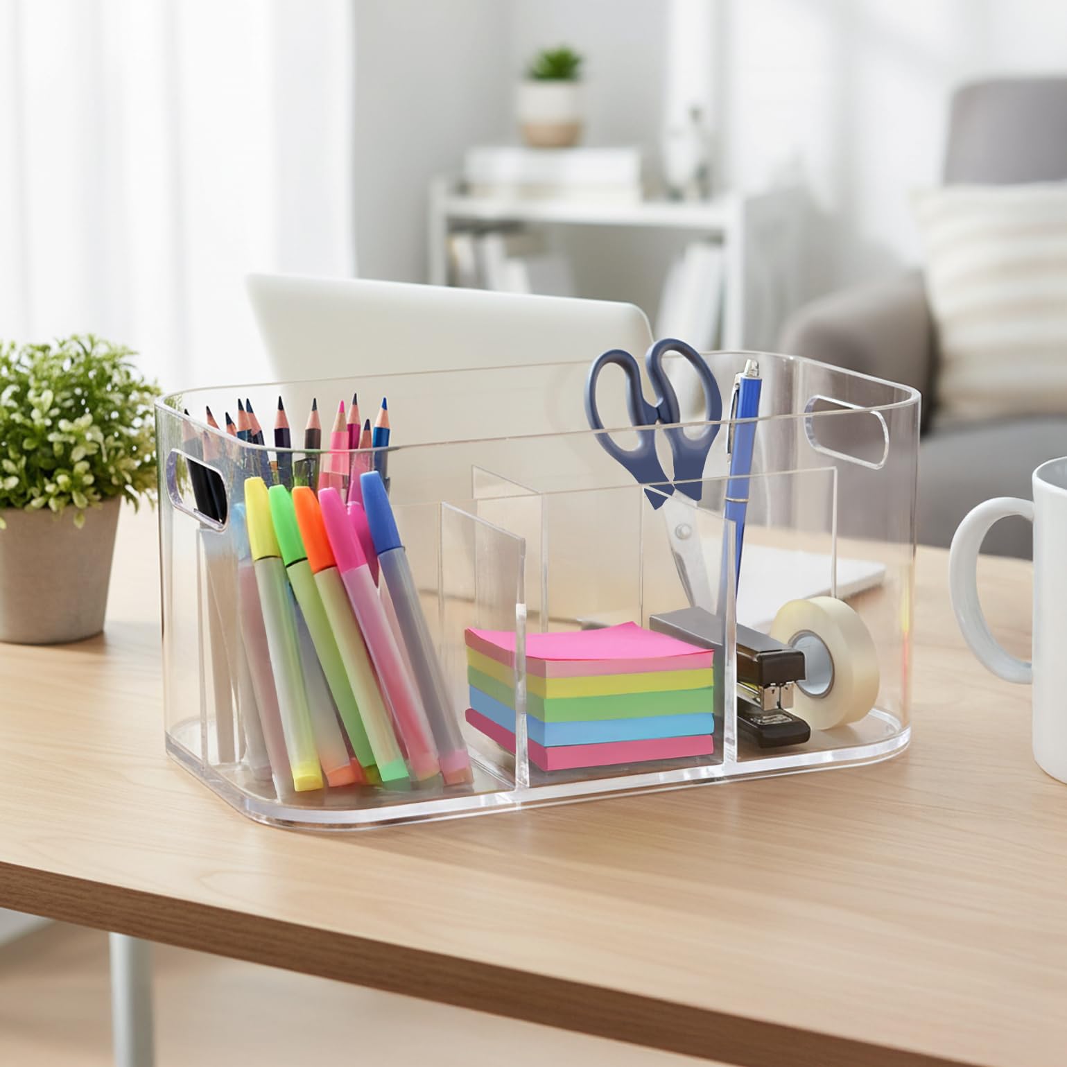 STORi clear makeup bin keeps brushes and palettes visible for easy routines.