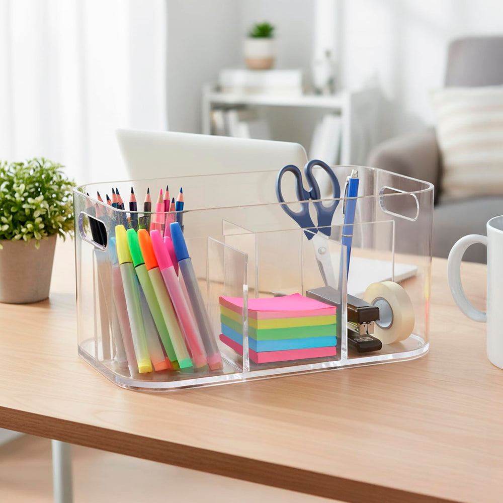 STORi clear makeup bin keeps brushes and palettes visible for easy routines.
