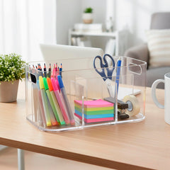 STORi clear makeup bin keeps brushes and palettes visible for easy routines.