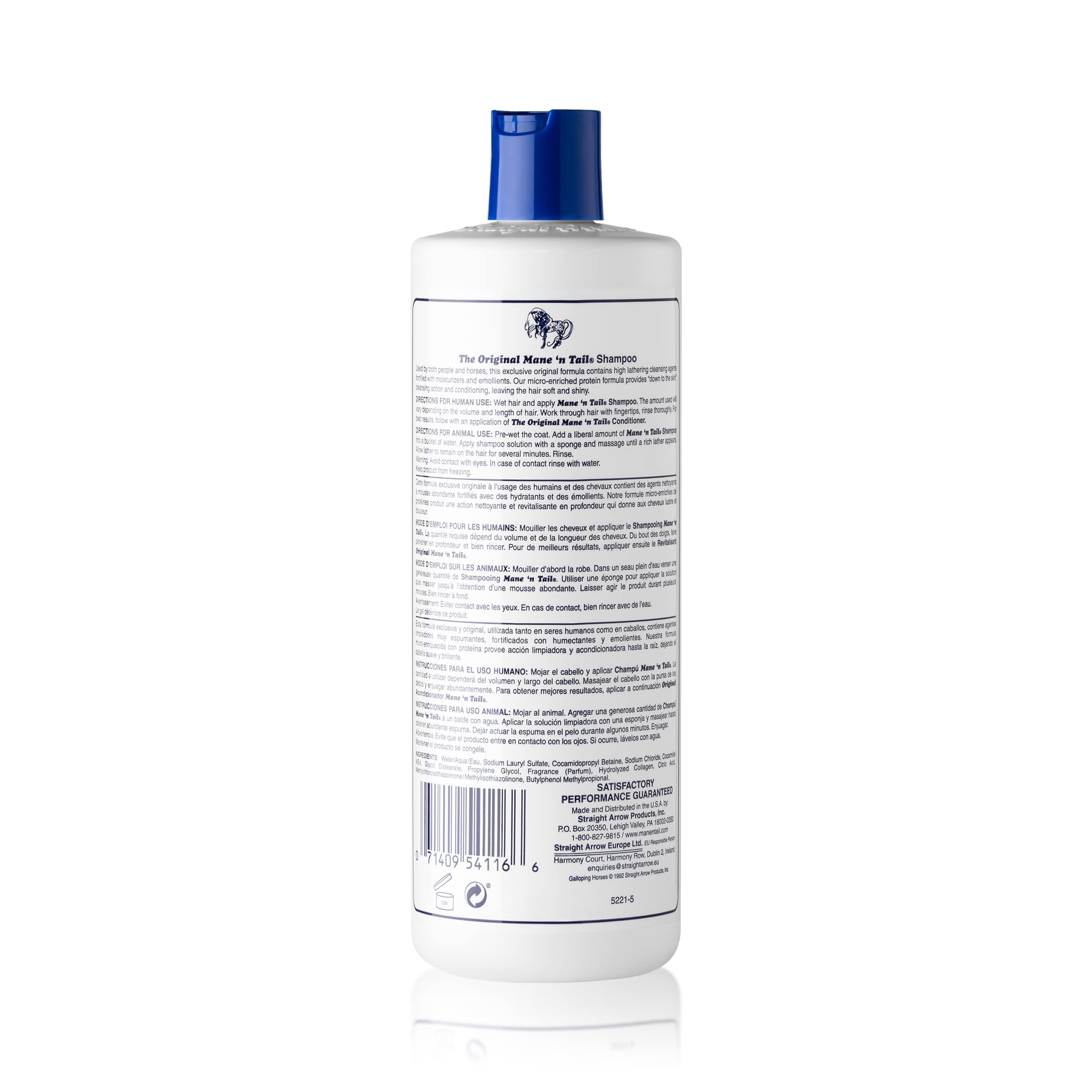 Straight Arrow Mane N Tail shampoo bottle side view highlighting USA-made reliability