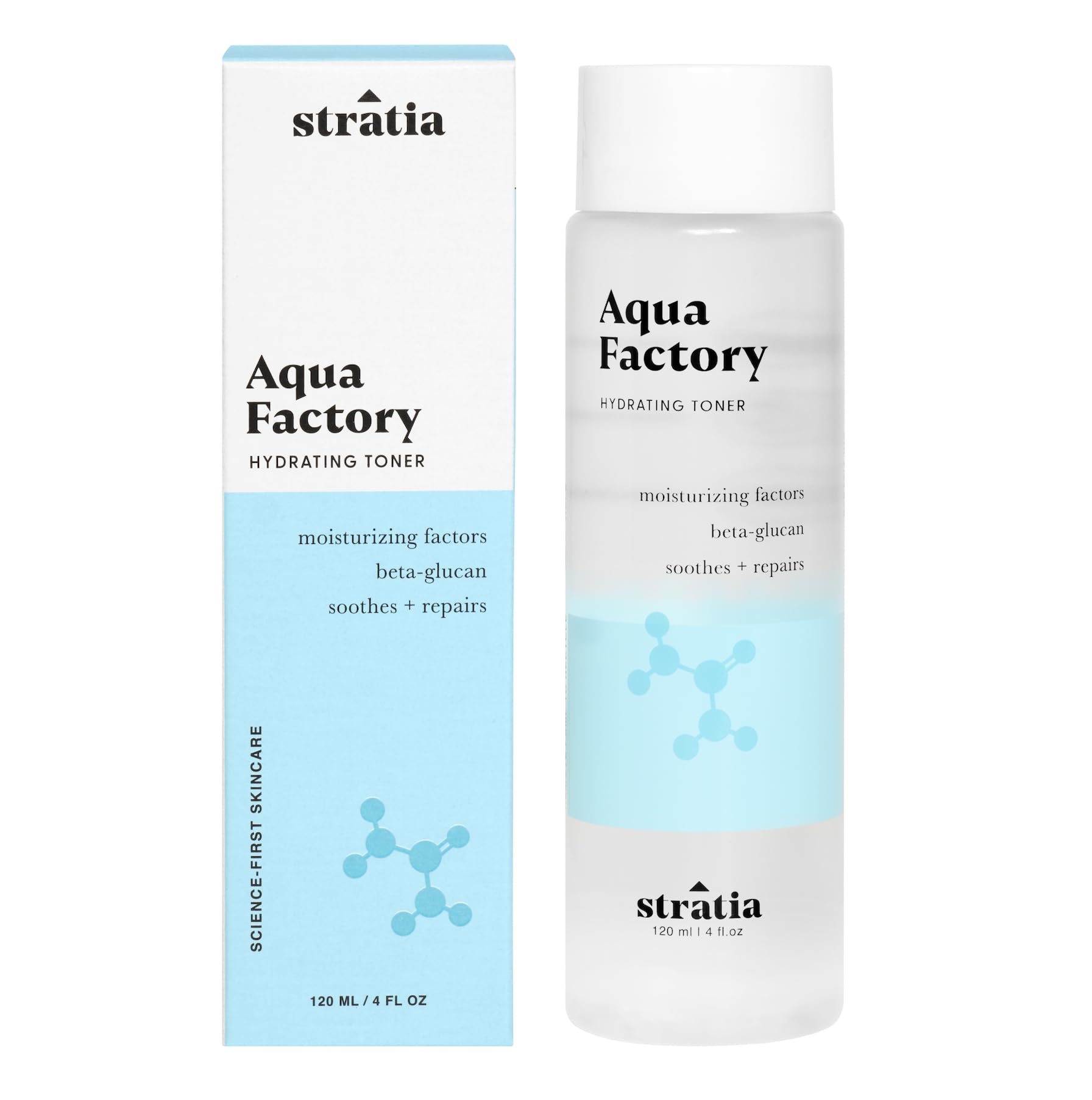 Stratia Aqua Factory Toner bottle pour demonstrates deep hydration for dry skin.