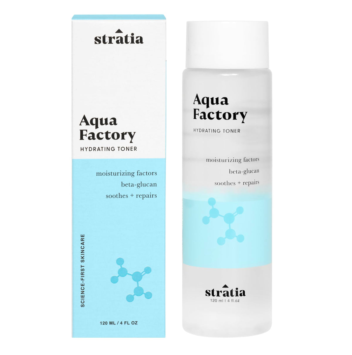 Stratia Aqua Factory Toner bottle pour demonstrates deep hydration for dry skin.