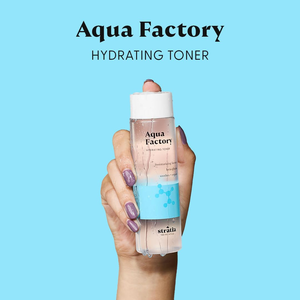 Stratia Aqua Factory Toner for dry, sensitive skin delivers comforting hydration.