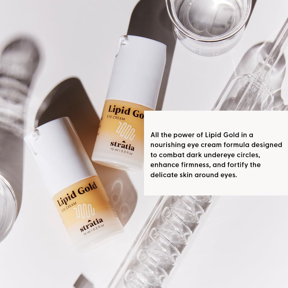 Stratia Lipid Gold Eye Cream texture swatch demonstrating moisture retention and occlusion.