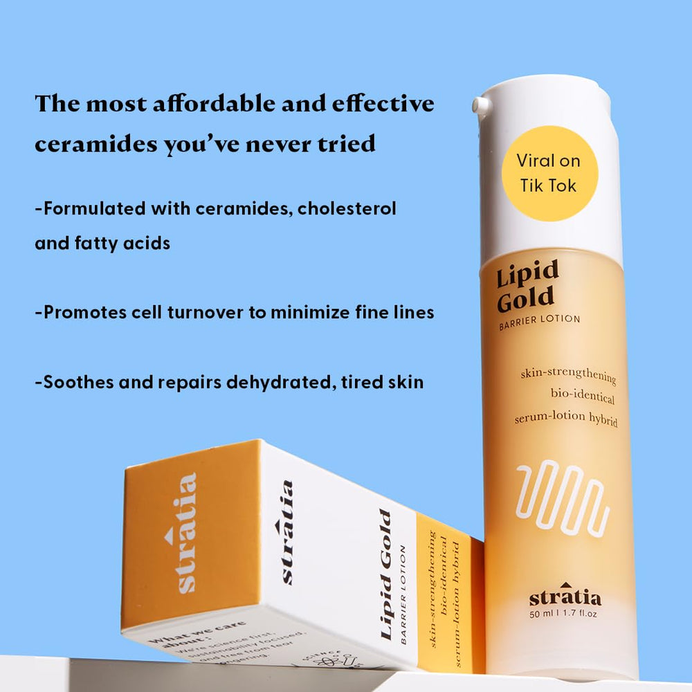 Stratia Lipid Gold texture swirl highlighting ceramide-based moisturizer for all skin types.