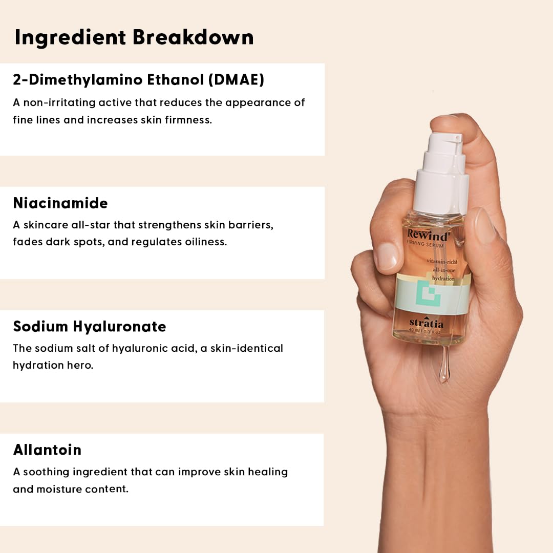 Stratia Rewind serum on fresh face suggests instant hydration and a dewy finish