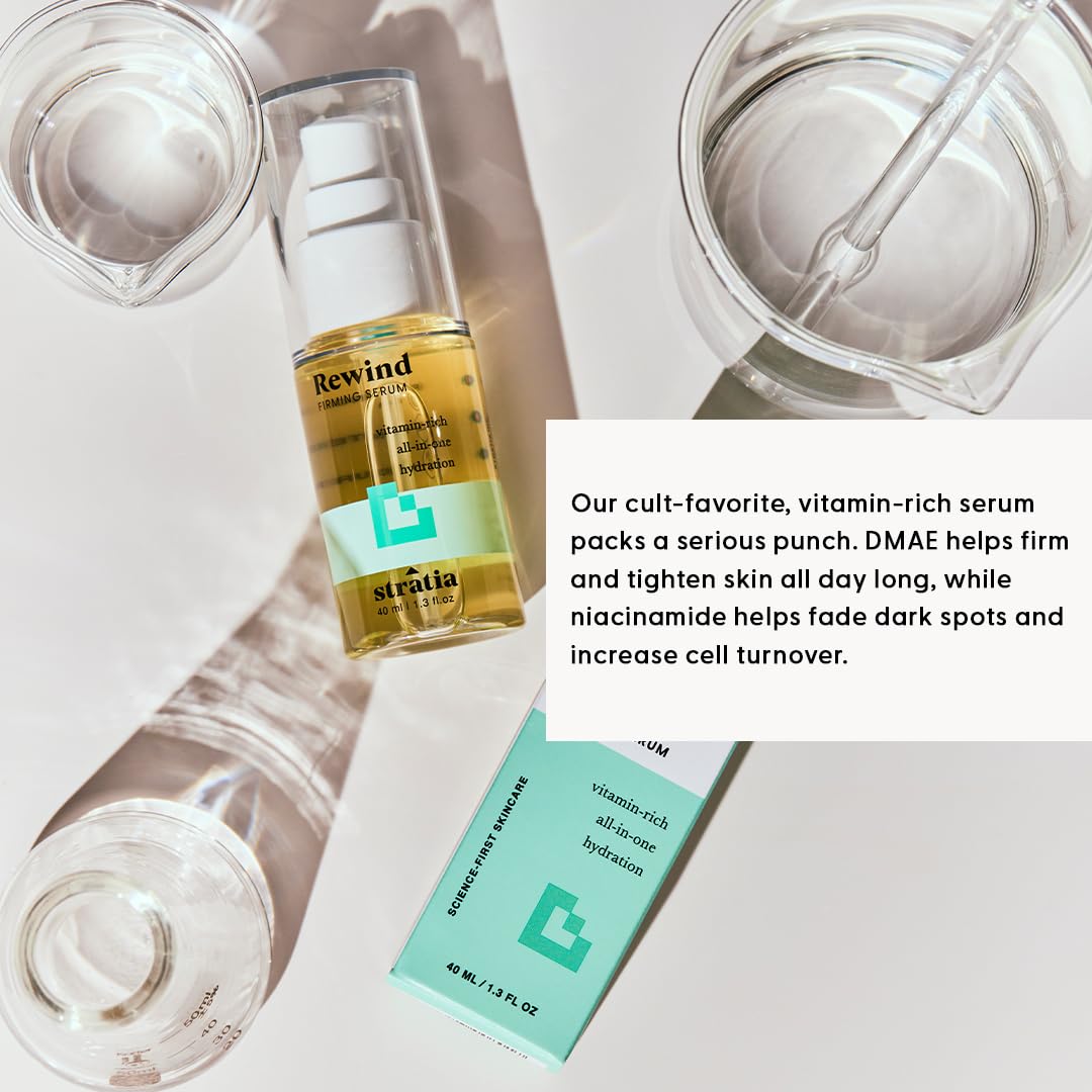 Stratia Rewind serum hyaluronic glow close-up emphasizes hydration and plump-looking skin