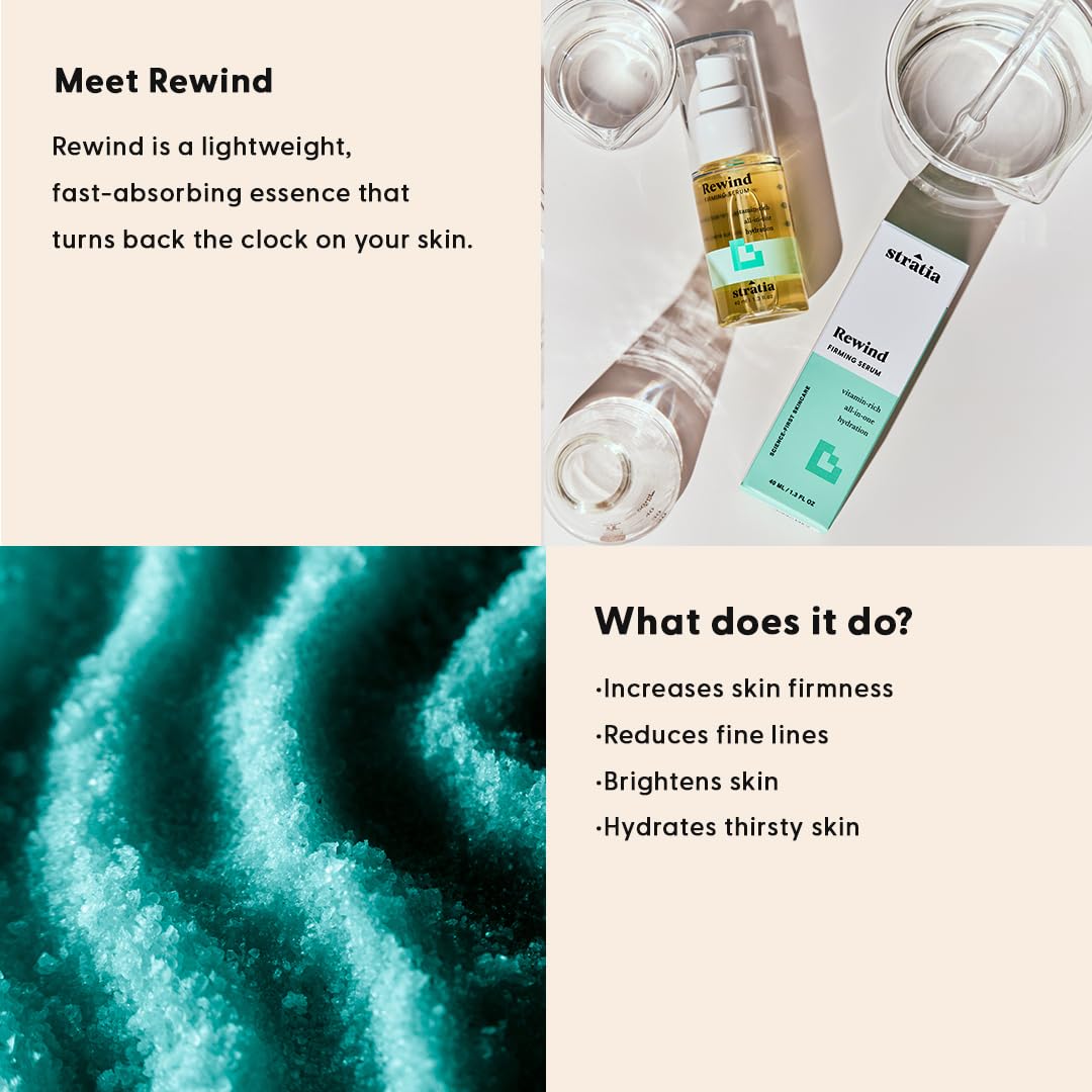 Stratia Rewind serum label close-up highlights ingredients for brighter, balanced skin