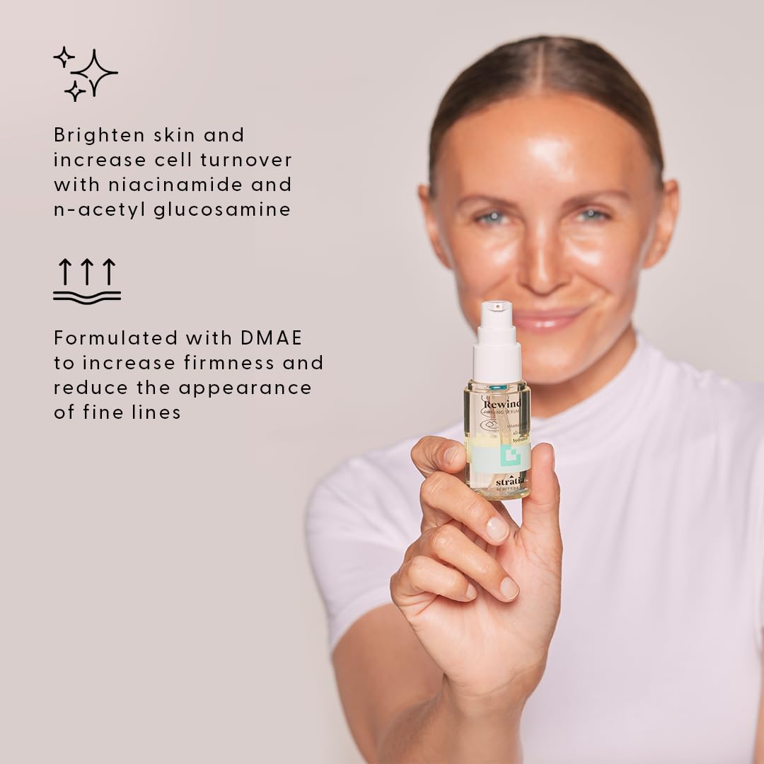 Stratia Rewind serum texture close-up shows silky essence-like consistency and quick absorption
