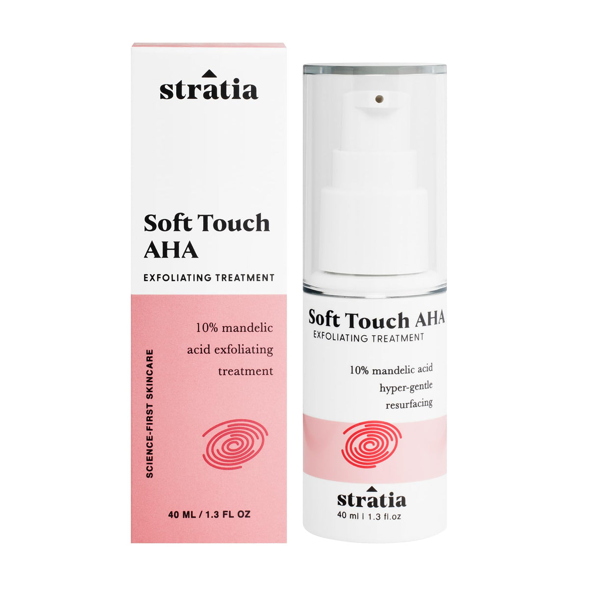 Stratia Soft Touch Dark Spot Corrector bottle demonstrates gentle Mandelic acid exfoliation for smoother skin.