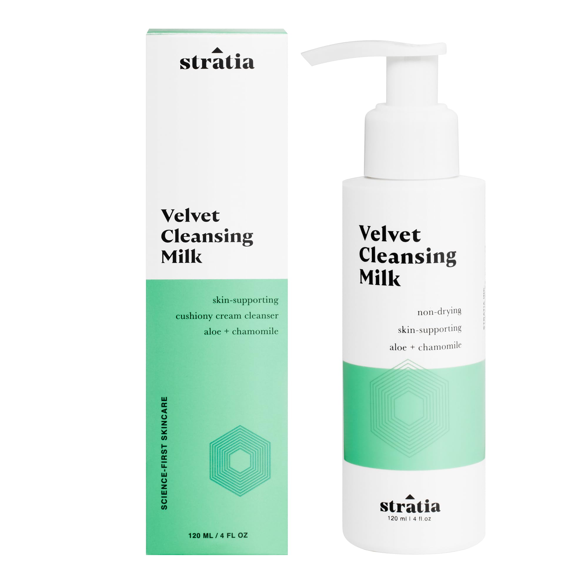 Stratia Velvet Cleansing Milk bottle—gentle, non-foaming cleanse for hydrated skin.