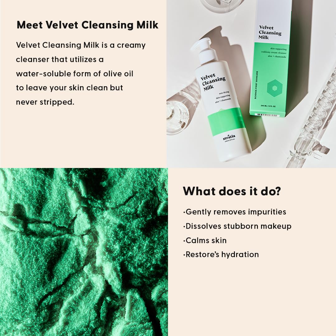 Stratia Velvet Cleansing Milk foam-free texture close-up—mild makeup removal with soothing ingredients.