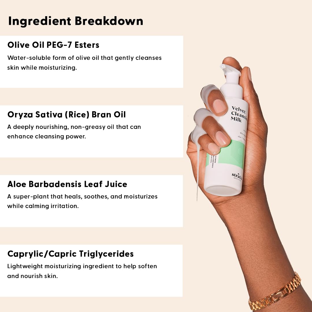 Stratia Velvet Cleansing Milk ingredients graphic—olive and rice bran oils support moisture.
