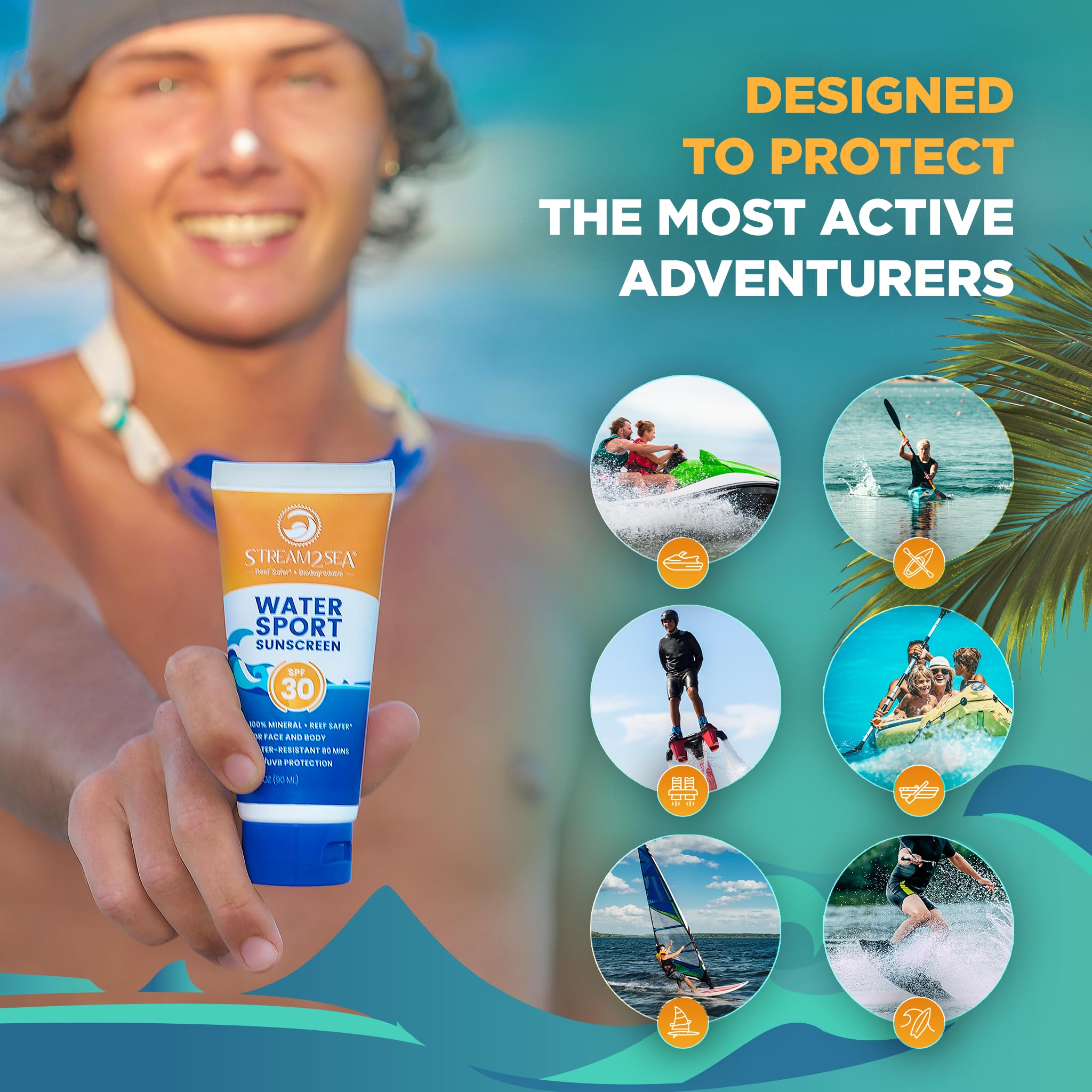 STREAM 2 SEA SPF30 sunscreen application swatch demonstrates light, fast-absorbing texture.