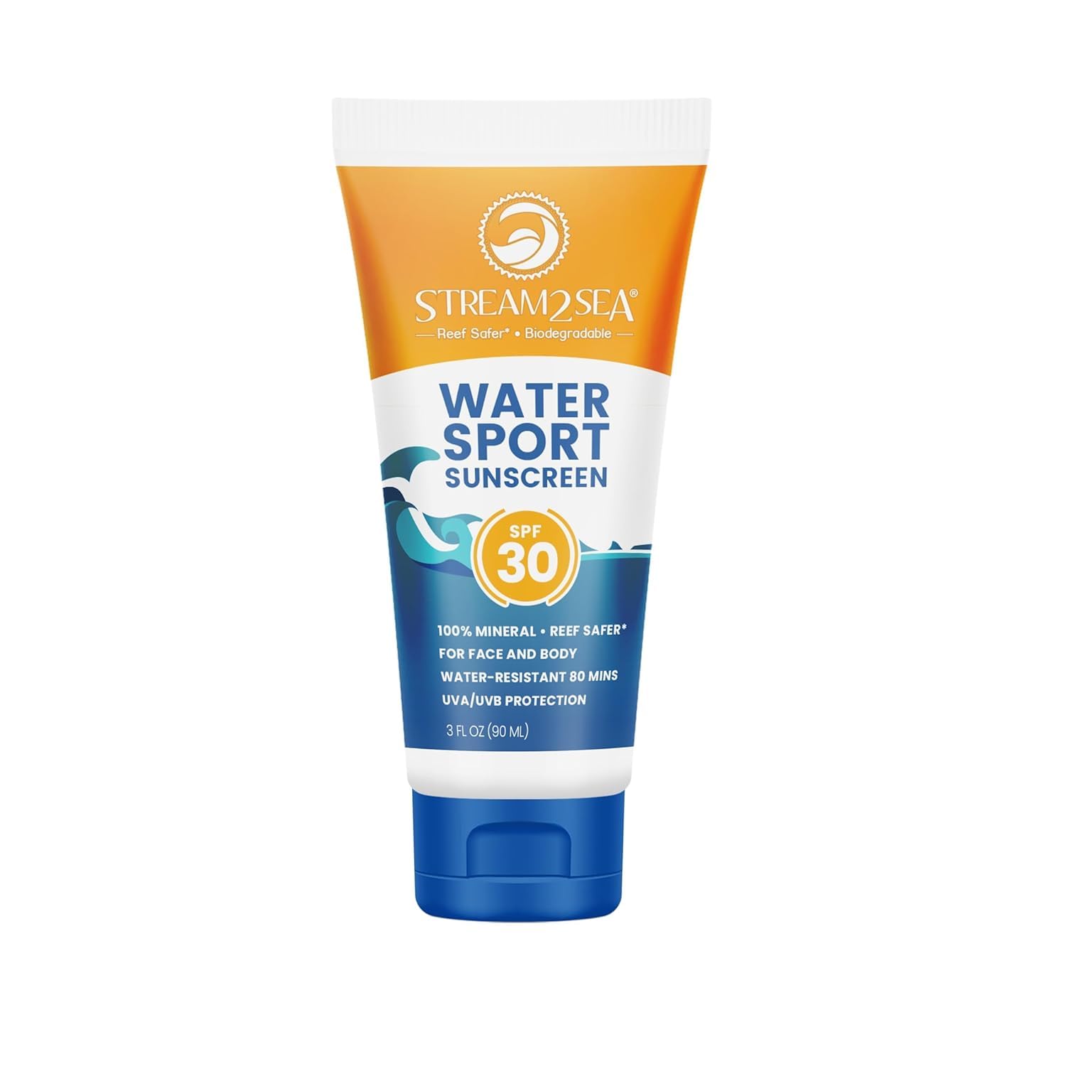 STREAM 2 SEA SPF30 sunscreen bottle shows non-greasy protection.