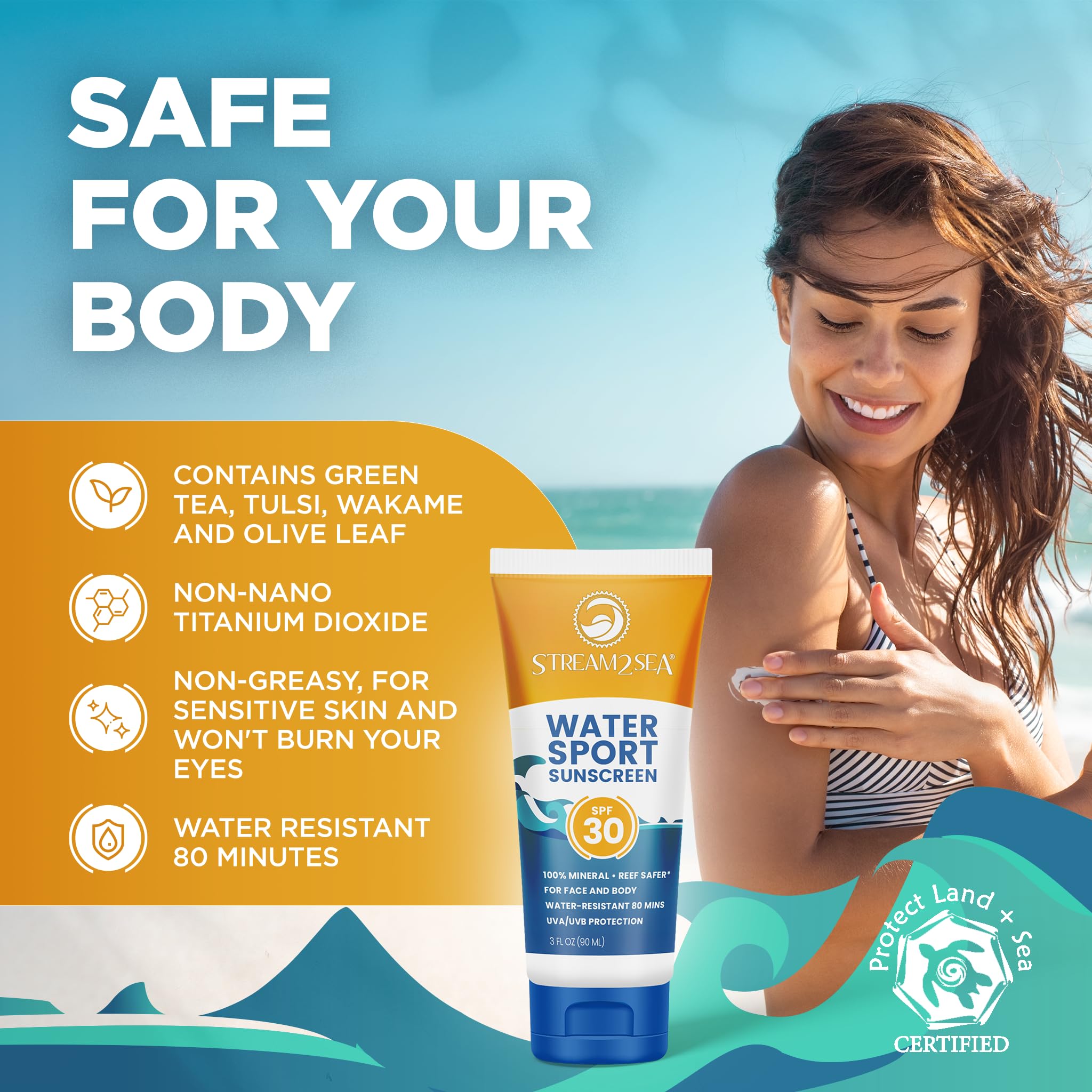 STREAM 2 SEA SPF30 sunscreen reef-safe formula protecting oceans.
