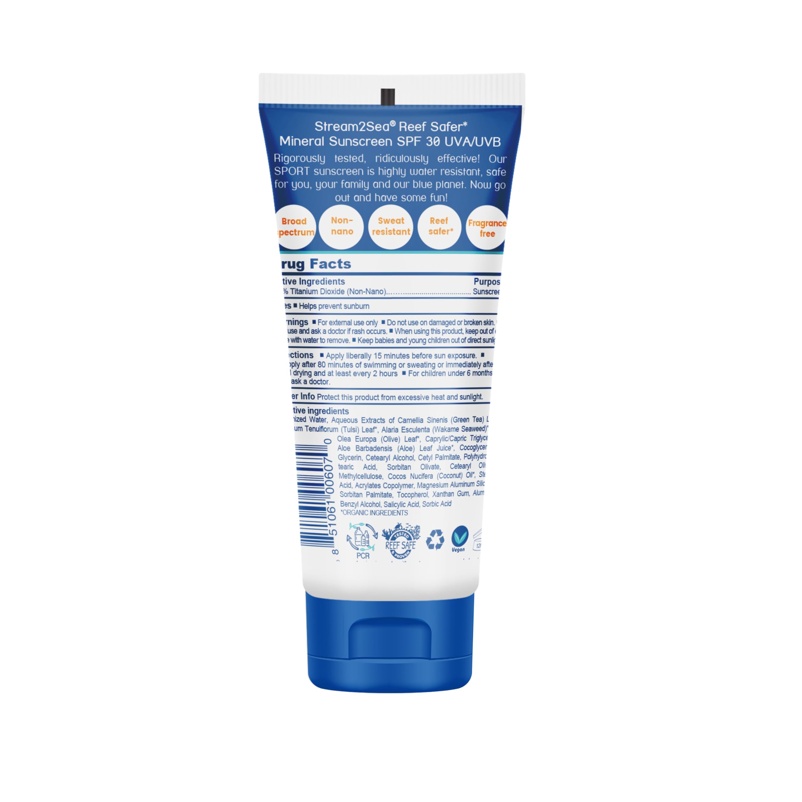 STREAM 2 SEA SPF30 tube packaging highlights eco-friendly reef-safe formula.