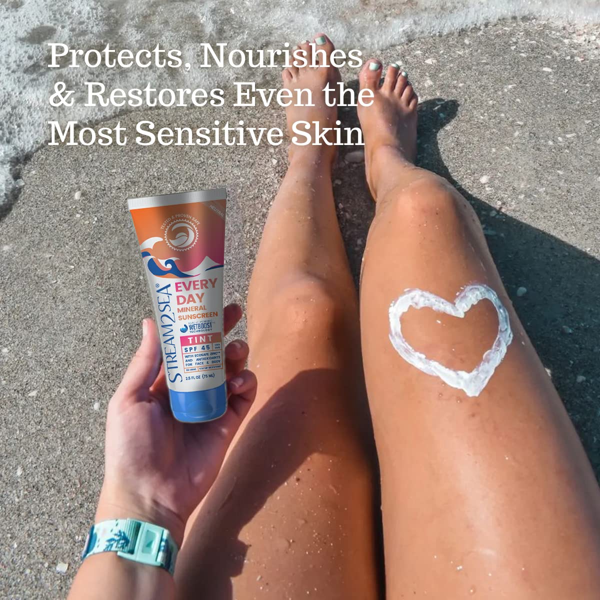 Stream 2 Sea SPF 45 application-face-body demonstrates blendable tint for skin.