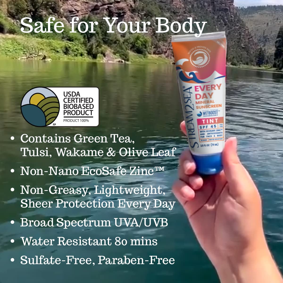 Stream 2 Sea SPF 45 tint-texture closeup reveals non-greasy mineral sunscreen.