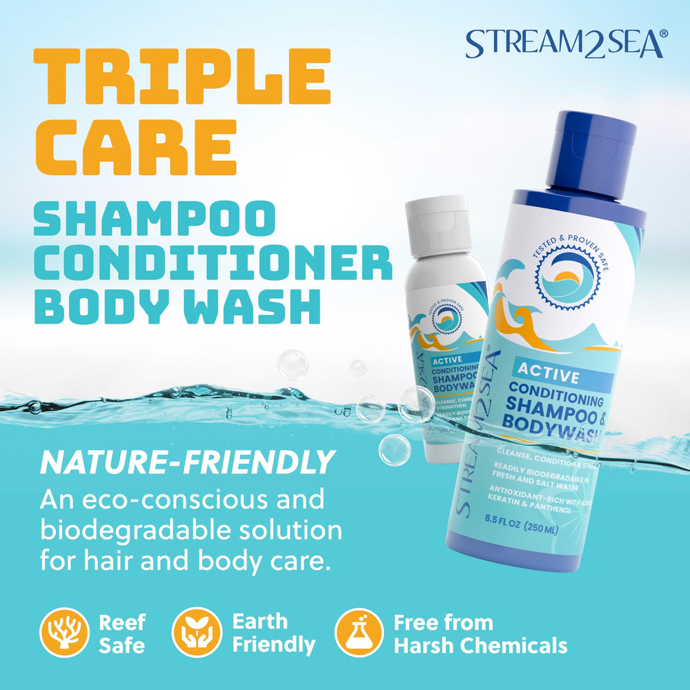 Stream2Sea conditioner bottle pouring for detangled, soft hair.