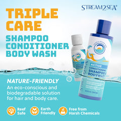 Stream2Sea conditioner bottle pouring for detangled, soft hair.