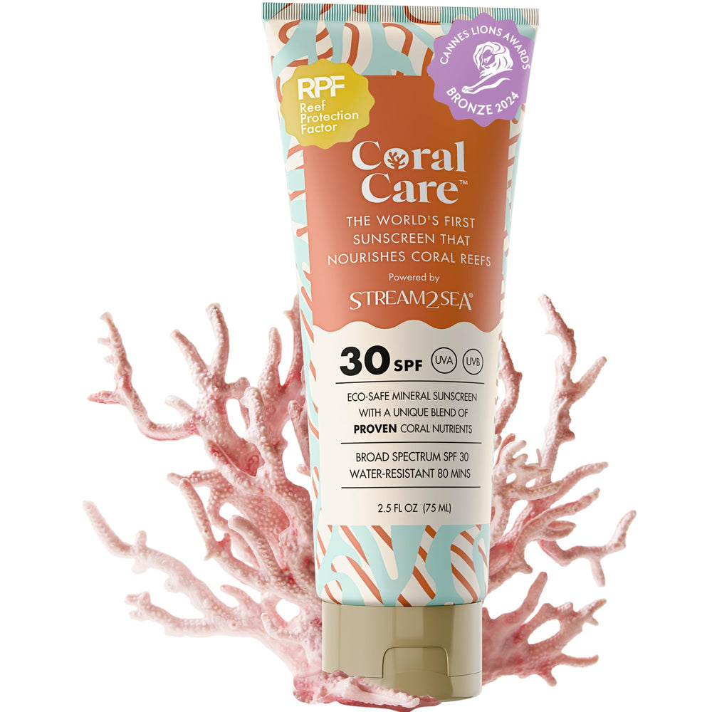 Stream2Sea Coral Care bottle outer view showcasing reef-safe sun protection.