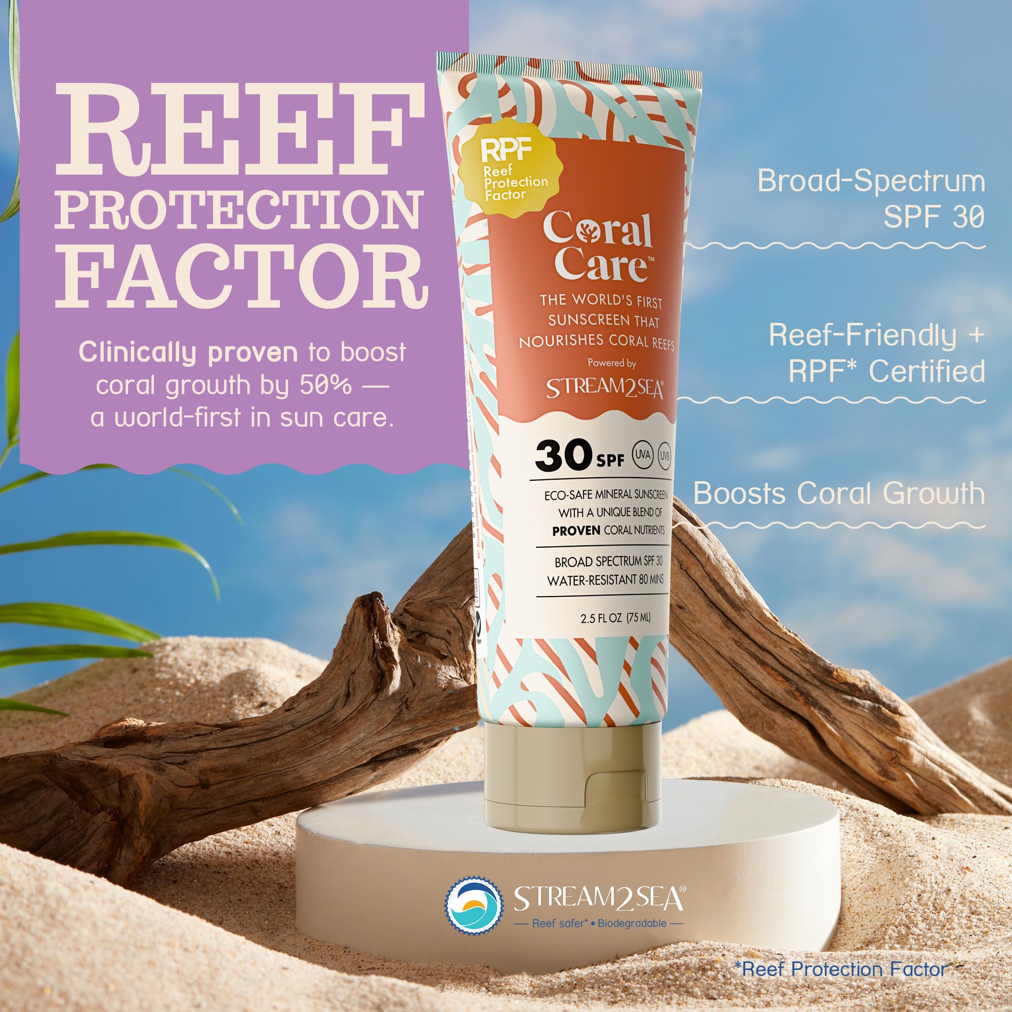 Stream2Sea Coral Care label close-up featuring SPF 30 and reef-friendly formula.