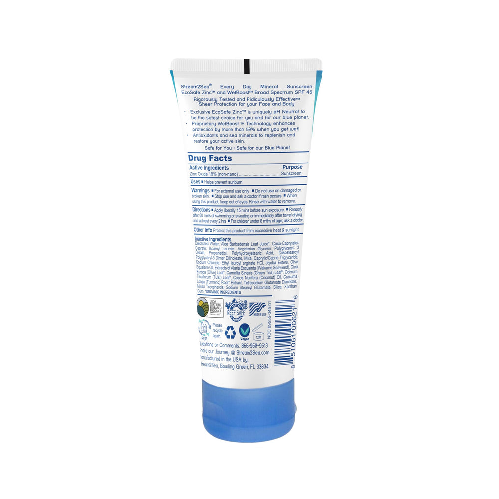 STREAM 2 SEA mineral sunscreen swatch shows sheer, non-greasy finish for daily wear.