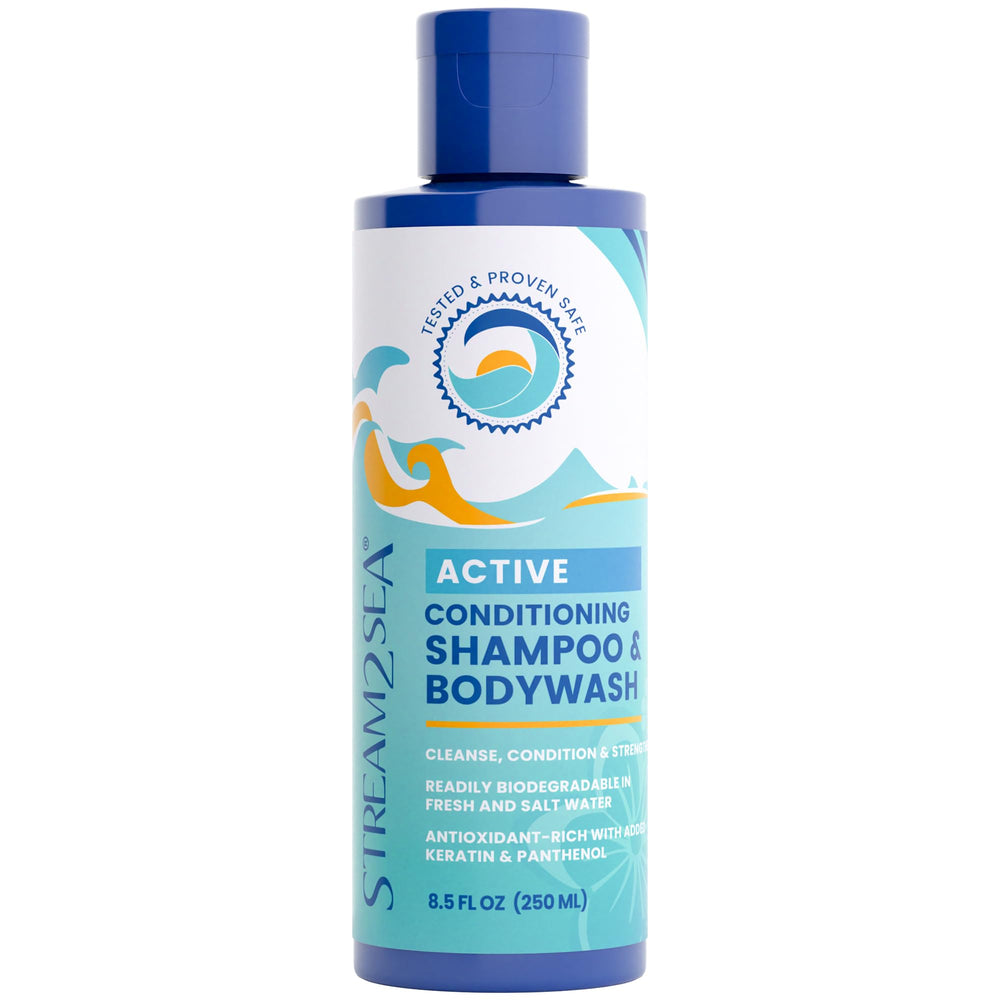 Stream2Sea swimmers shampoo bottle shows 3-in-1 care for hair during swims