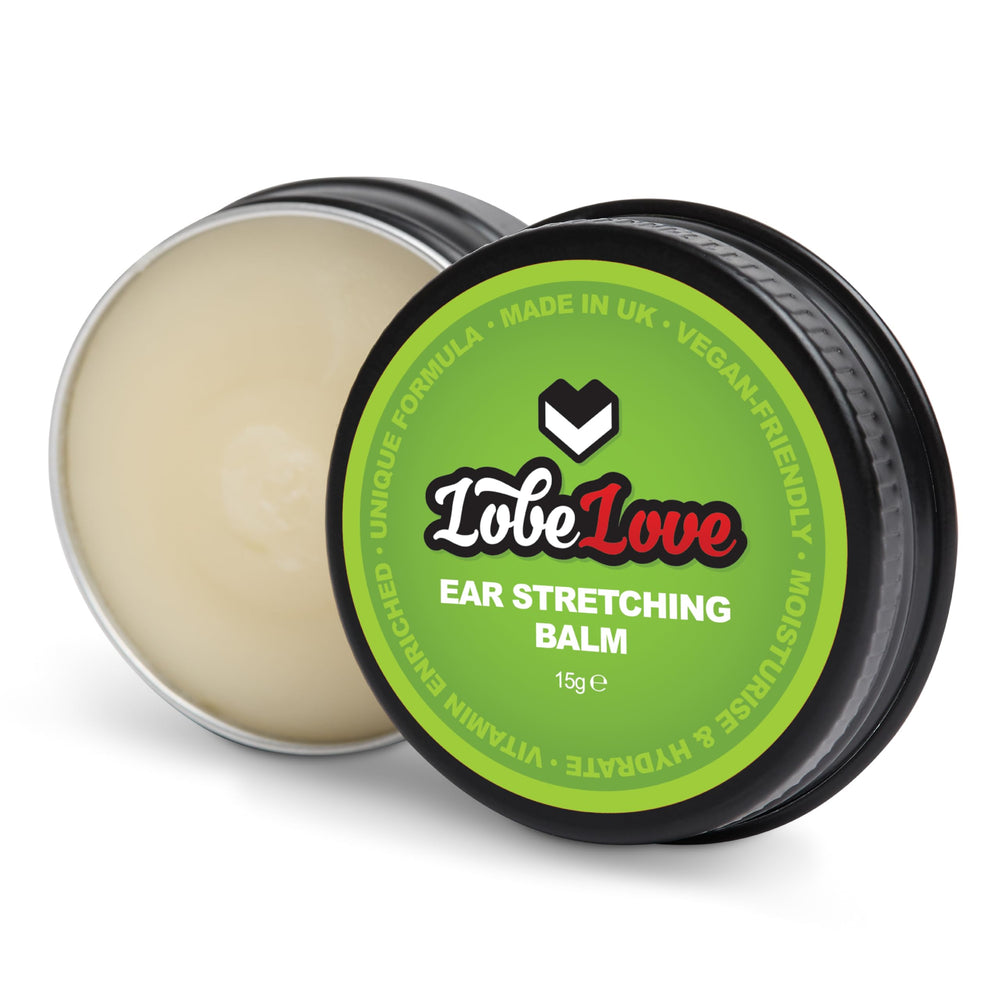 Stretch It Balm 15g jar close-up promoting ear-stretching comfort.