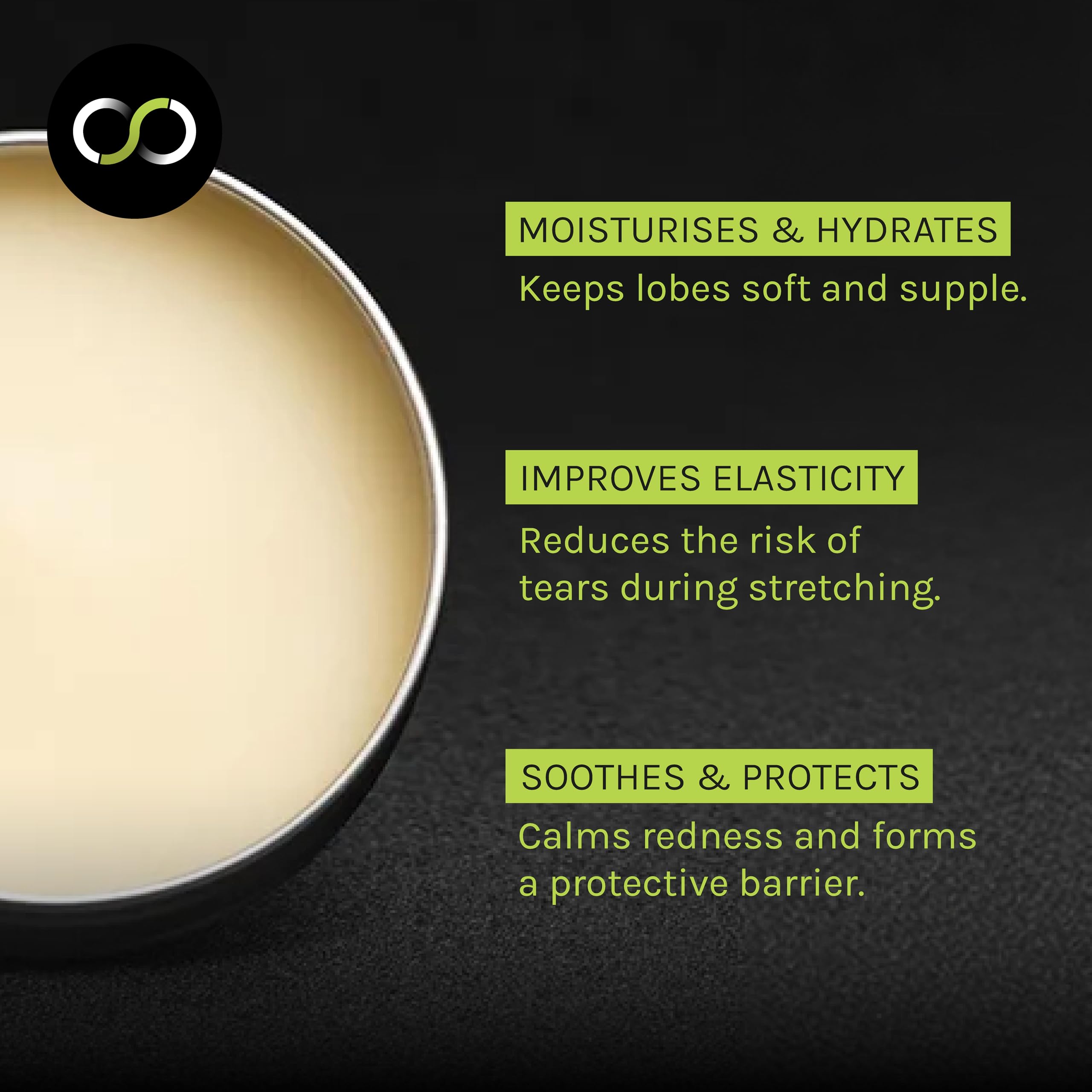 Stretch It Balm application on lobe demonstrates gentle glide during stretching.