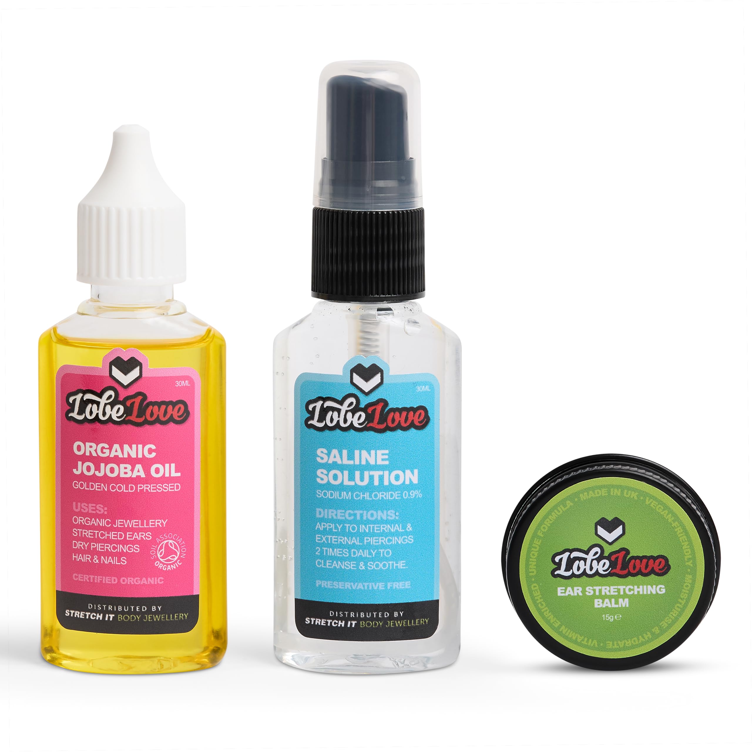 Stretch It Ear Stretching Balm jar helps keep lobes moisturized for comfortable stretching sessions.