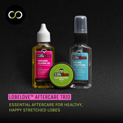Stretch It Organic Golden Jojoba Oil bottle provides hydrating care for supple lobes.