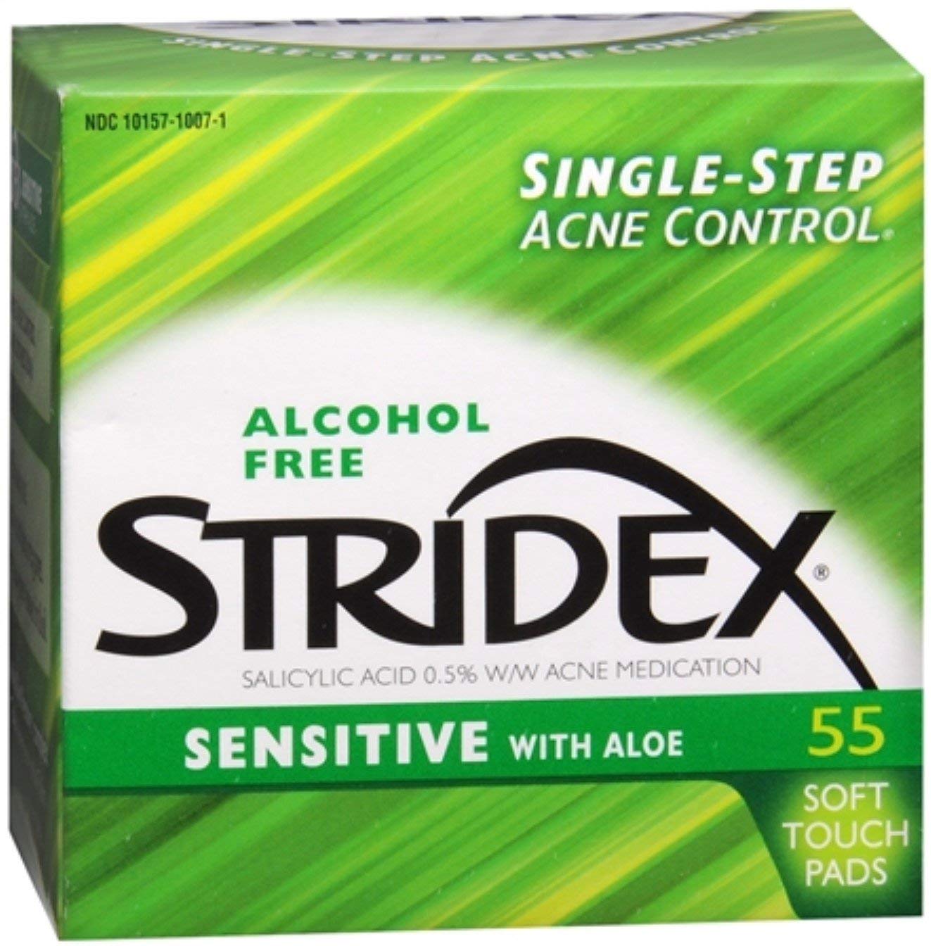 Stridex Daily Care Sensitive Aloe Pad container shows gentle, alcohol-free acne care.
