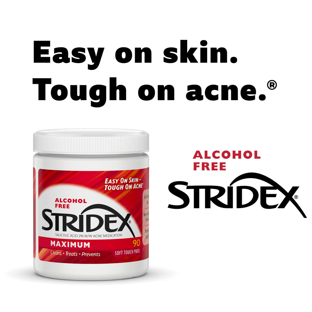 Stridex Maximum Pads alcohol-free formula reduces irritation during cleansing.