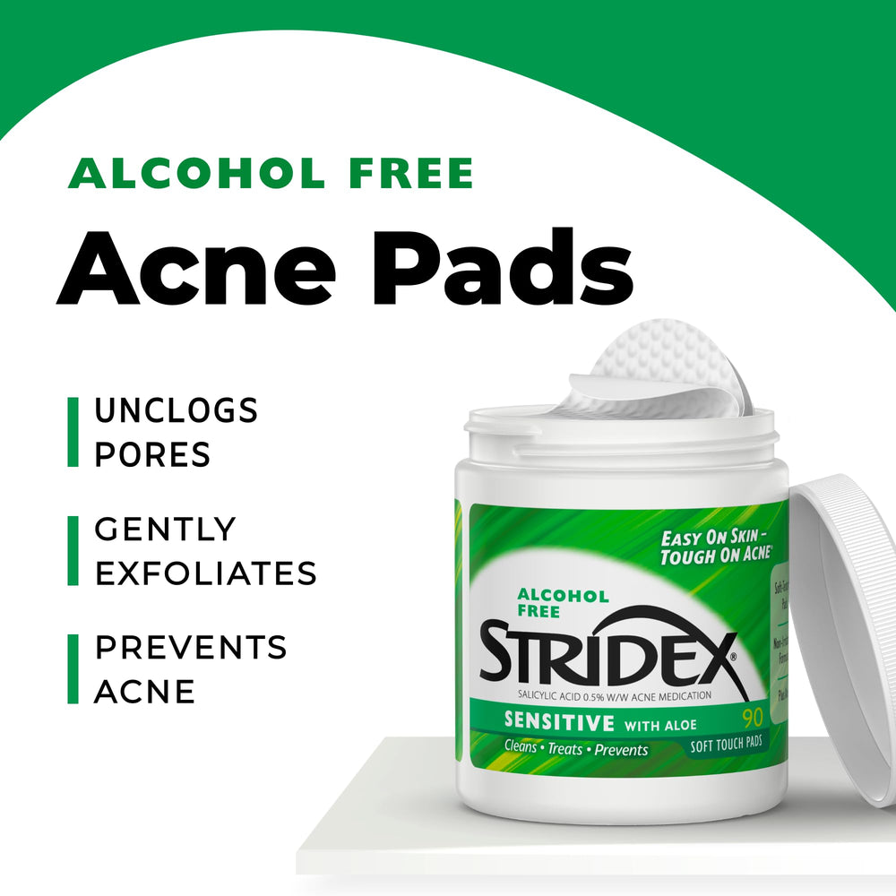 Stridex Sensitive Pads alcohol-free formula shown as gentle cleansing option.