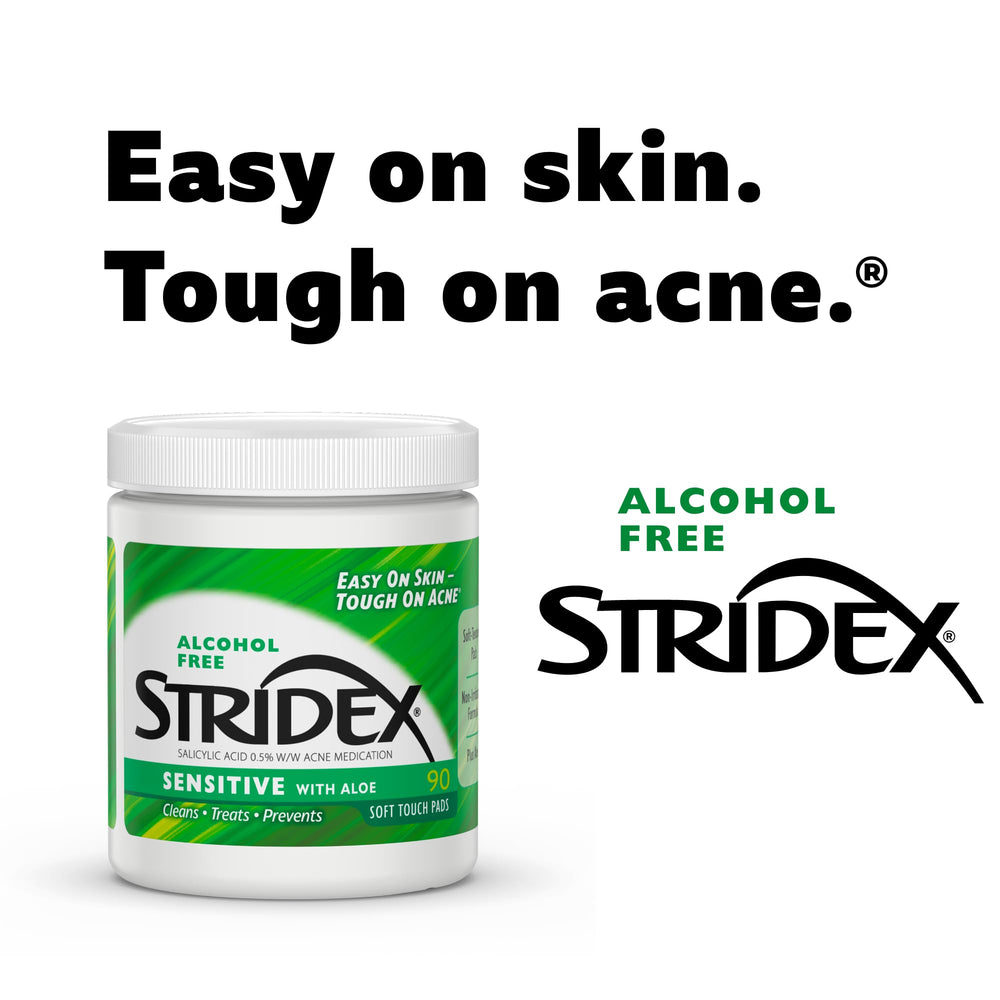 Stridex Sensitive Pads bottle-90-count packaging displayed for a long-lasting routine.