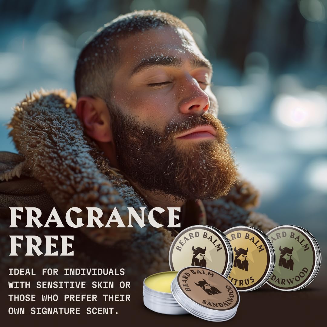 Striking Viking beard balm argan oil detail highlights nourishing ingredient for moisturized beard.
