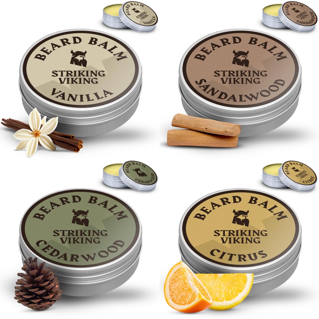 Striking Viking beard balm cedarwood scent signals outdoorsy feel and long-lasting aroma.
