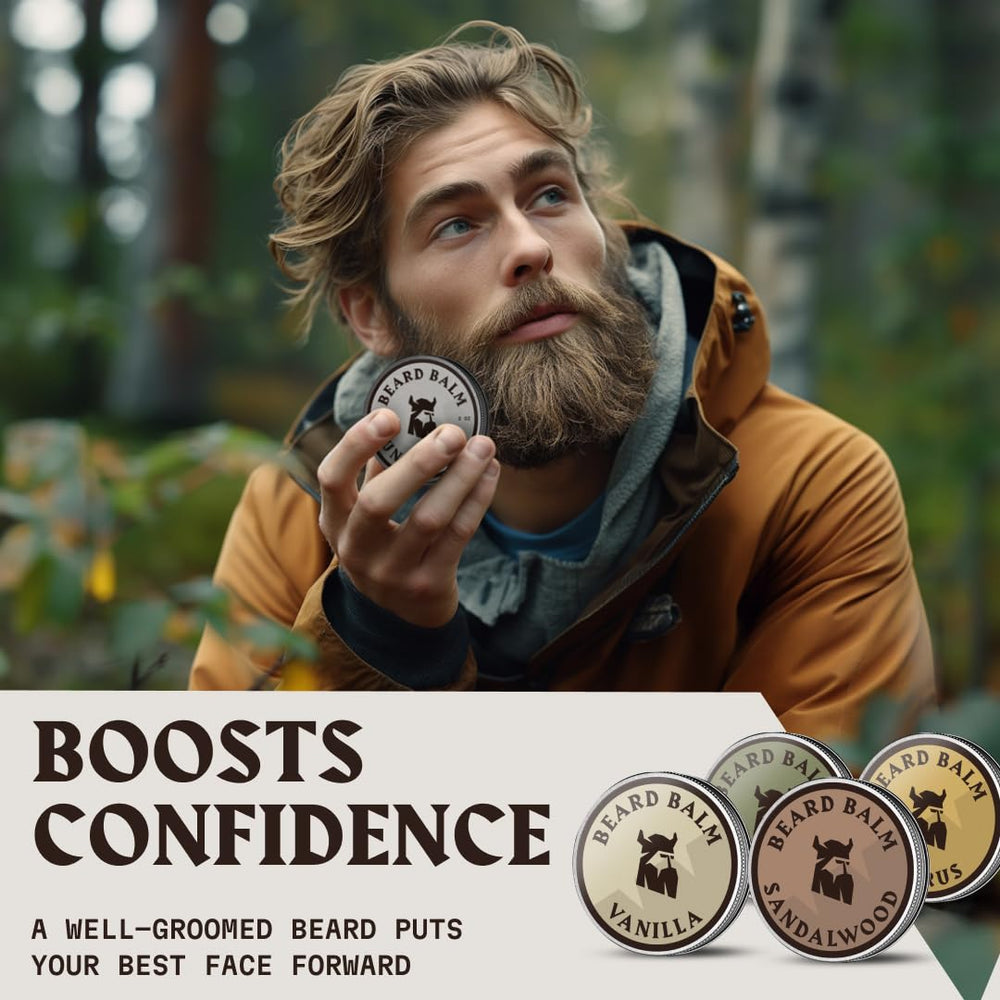 Striking Viking beard balm citrus scent conveys fresh daytime use in travel-friendly packaging.