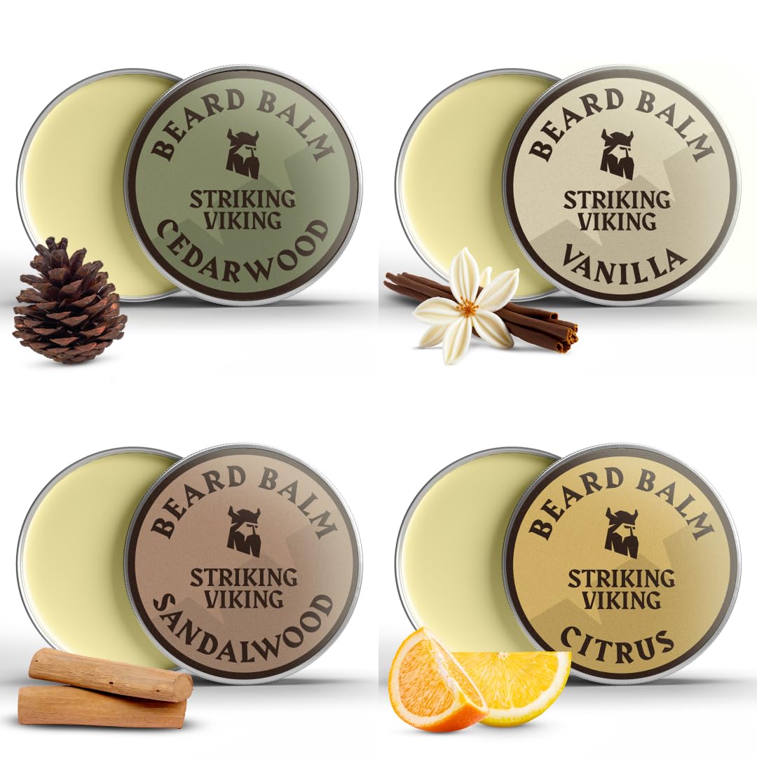 Striking Viking beard balm packaging shows four-scent pack for versatile grooming.