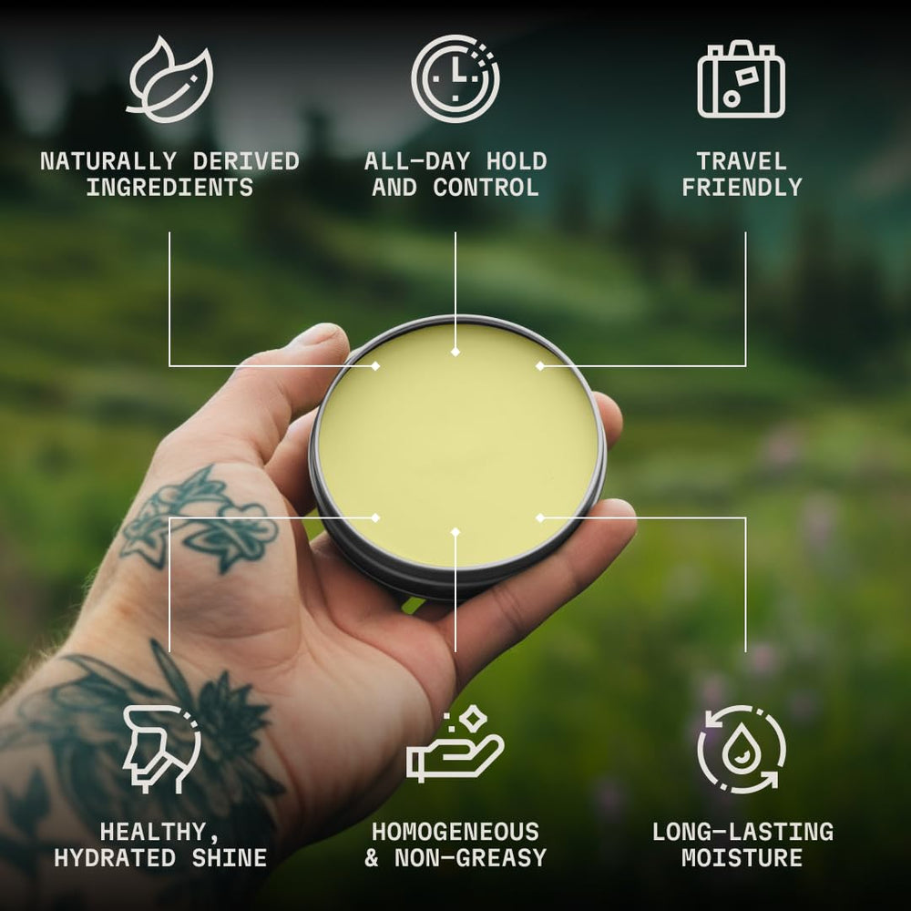 Striking Viking beard balm tin open reveals creamy texture for easy application.